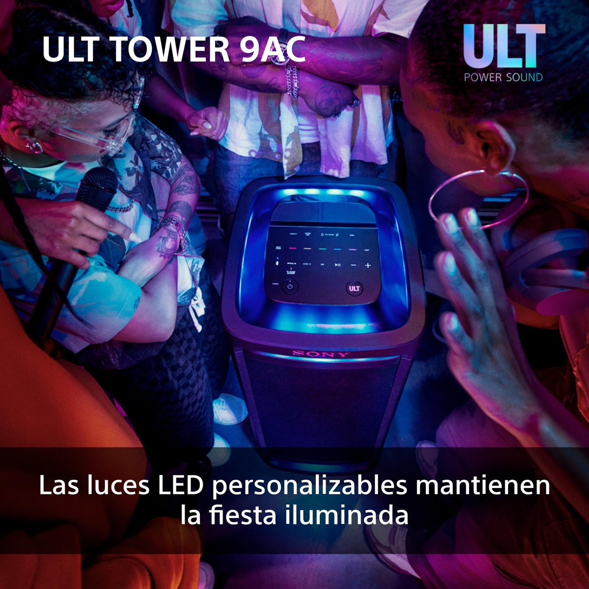 Sony ULT Tower 9AC, Altavoz Bluetooth definitivo para Fiestas, alimentación de Red, 2 Modos ULT Power Sound, Altavoz X-Balanced, iluminación y Sonido 360, entradas de Karaoke, Negro