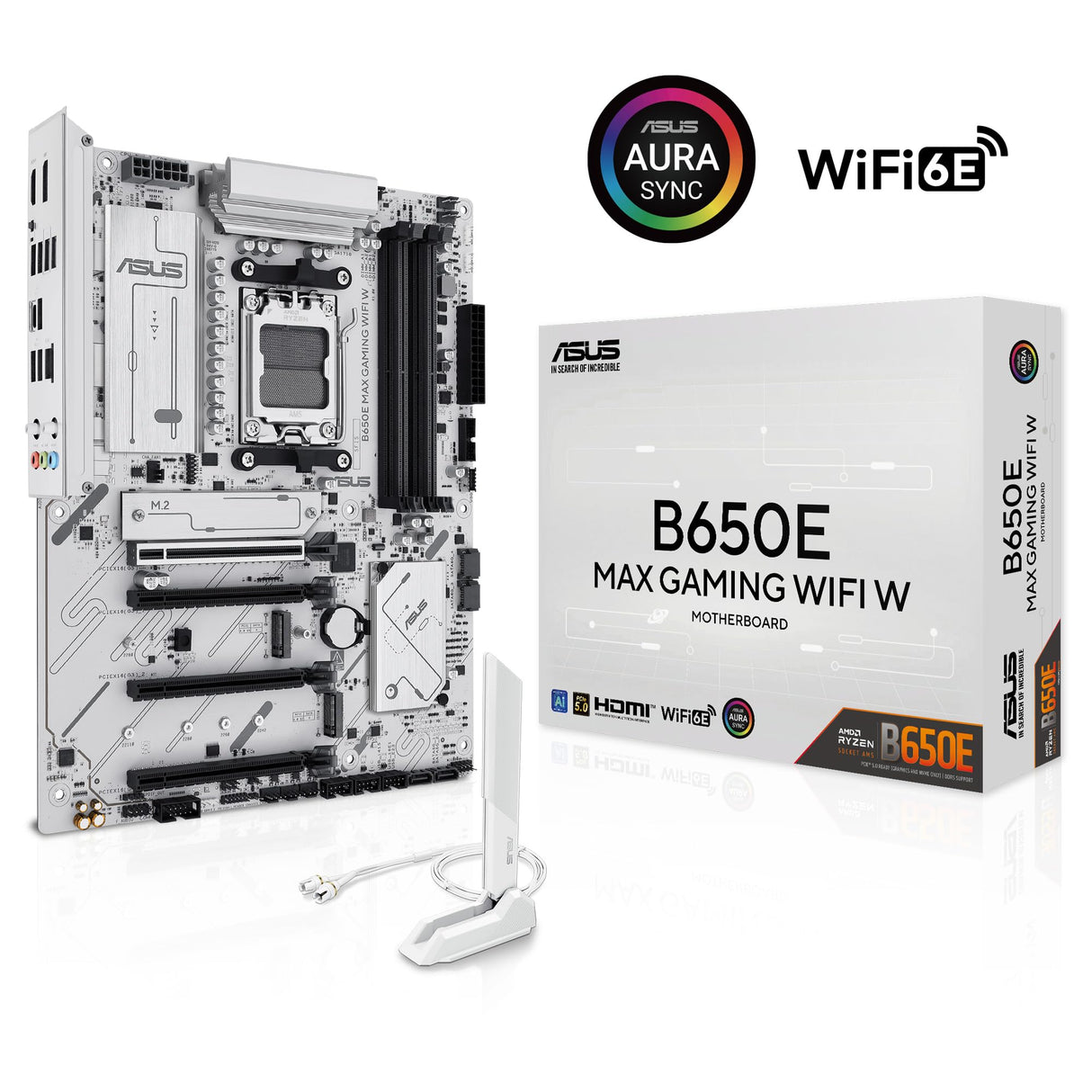 ASUS B650E MAX Gaming WiFi W - Placa Base AMD B650 ATX, Blanco, DDR5, PCIe 5.0, Ranuras M.2, Wi-Fi 6E, 2.5Gb Ethernet, DisplayPort, HDMI, USB Tipo-A y Tipo-C, BIOS Flashback, Aura Sync