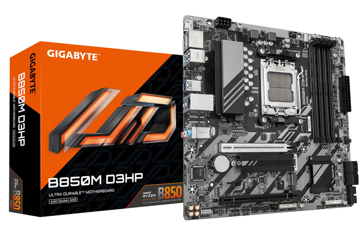 GIGABYTE B850M D3HP Placa Base - Procesadores AMD Ryzen Serie 9000, 5+2+2 Fases VRM Digitales, hasta 8200MHz DDR5 (OC), 1xPCIe 5.0 + 1xPCIe 4.0 M.2, LAN GbE, USB 3.2 Gen 2