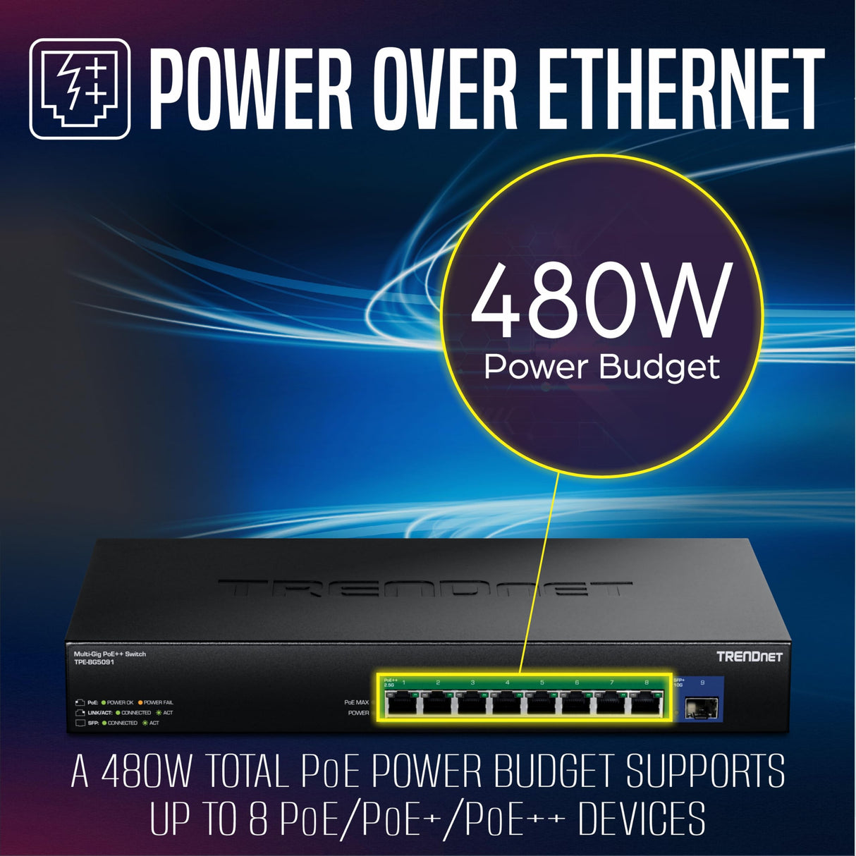 TRENDnet, TPE-BG5091, conmutador PoE++ de 9 Puertos GAN de 2,5 G con Puerto SFP+ de 10 G (480 W), 8 Puertos PoE++ de 2,5 G, 1 Puerto SFP+ de 10 G, 480 W, 60 Gbps