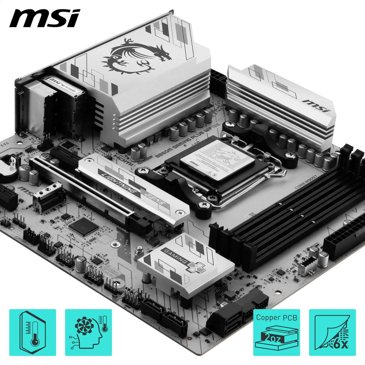 MSI Placa Base B850M Gaming Plus WIFI6E, mATX. Soporta procesadores AMD Ryzen 9000/8000/7000, AM5 - DDR5 Memory Boost 8200+ MT/s (OC), PCIe 4.0 x16, M.2 Gen5, Wi-Fi 6E, 2.5G LAN