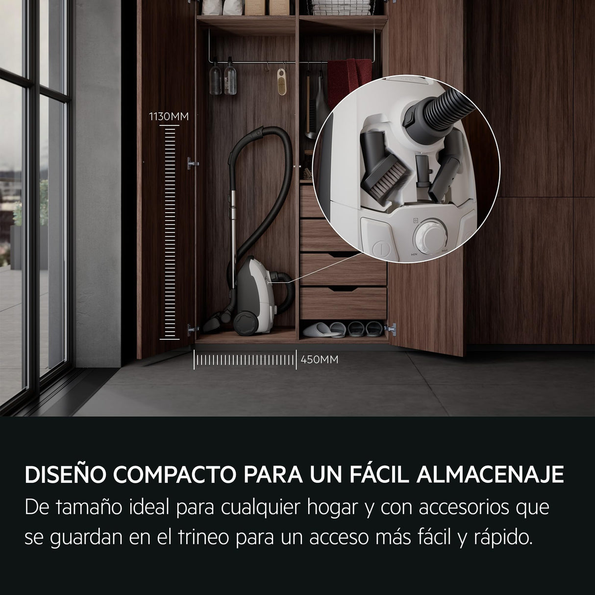 AEG AB51C1SW Aspiradora de Trineo con Bolsa, 750W de Potencia, 3,5L de Capacidad, Cable de 8,5m, 79dB de Ruido, Filtro Lavable, Cepillo Todo Suelo, Boquilla 2 en 1, Incluye 1 Bolsa, Blanco