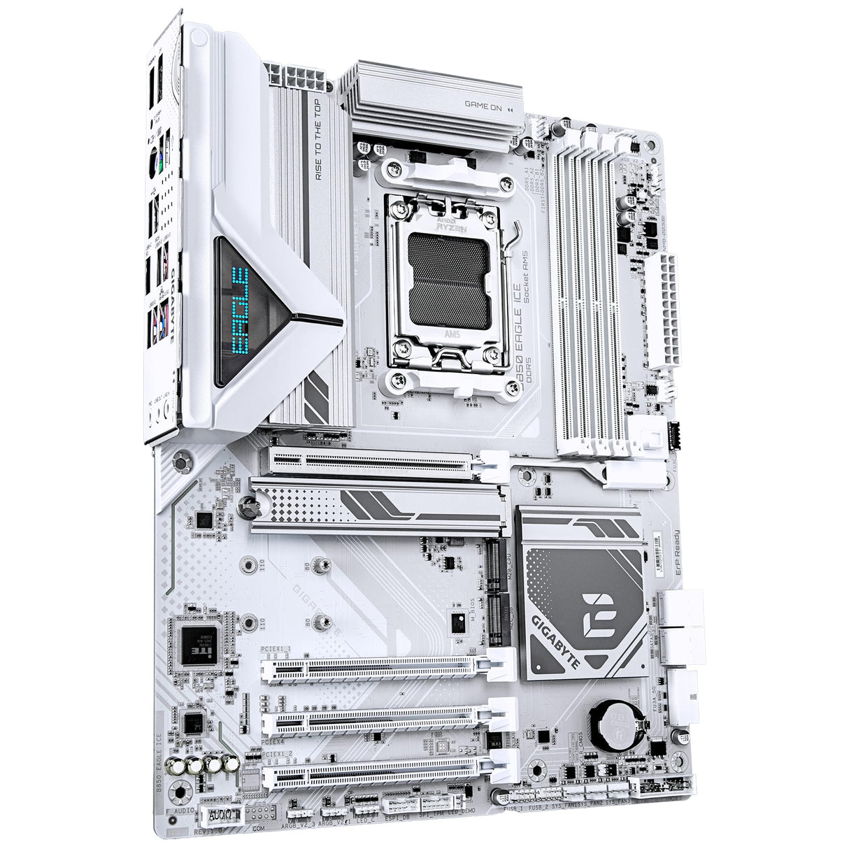 GIGABYTE B850 Eagle Ice Placa Base – Procesadores AMD Ryzen Serie 9000, VRM Digital de 8+2+2 Fases, hasta 8200 MHz DDR5 (O.C), 1 x M.2 PCIe 5.0 + 2 x M.2 PCIe 4.0, LAN 2.5 GbE, USB 3.2 Gen 2