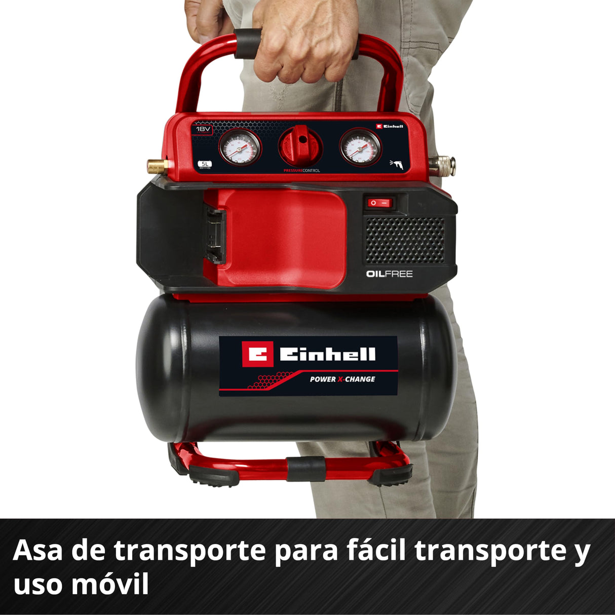 Einhell Compresor con batería TE-AC 18/75 Li OF-Solo Power X-Change (18 V, máx. 8 bar, depósito de 5 l, potencia de aspiración 75 l/min, 2 manómetros, sin aceite, sin batería)