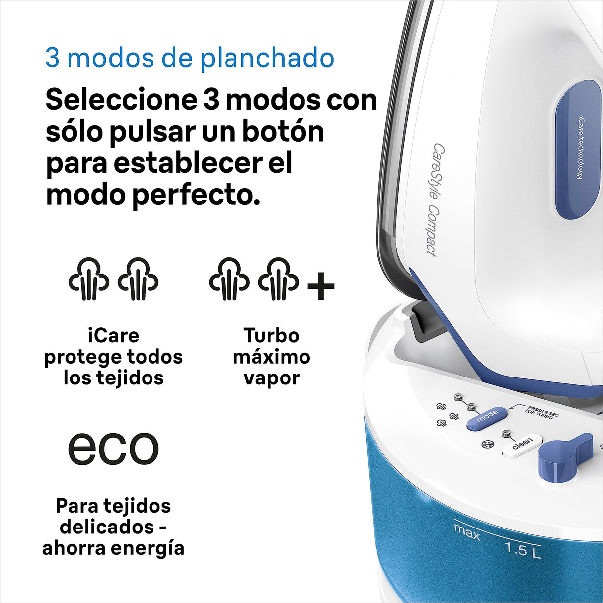 Braun CareStyle Compact Steam Generator, Plancha de Vapor con Suela FreeGlide 3D, Presión de 6 bar, Gran Depósito de Agua de 1,5 l, Función Eco, IS2143BL, Blanco Azul