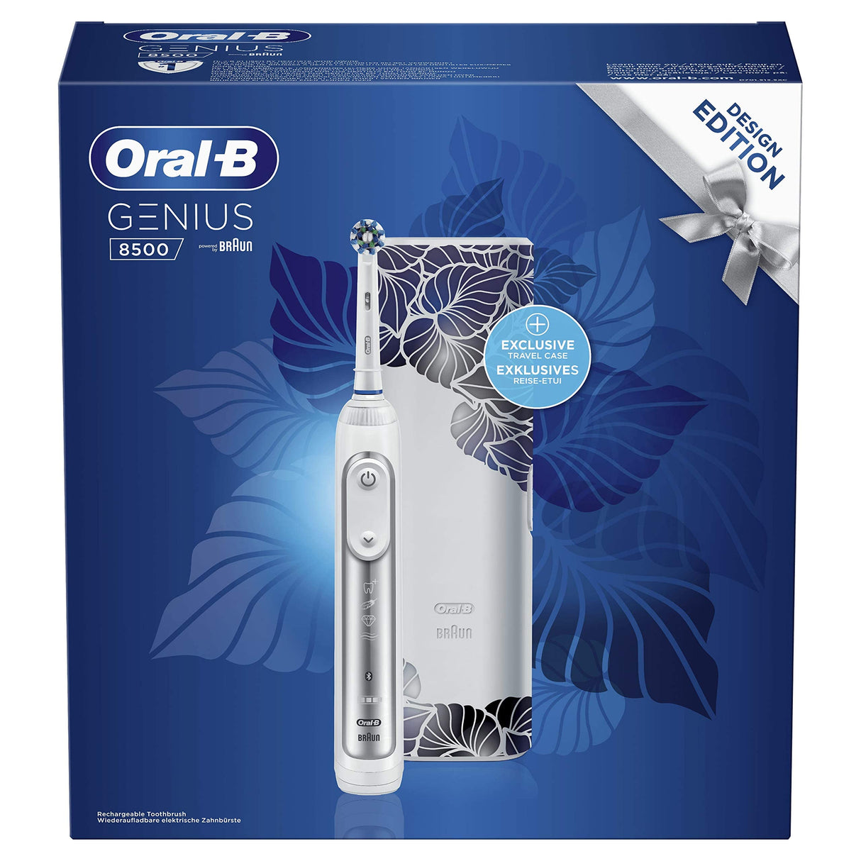 Oral-B Genius 8500n - Cepillo de dientes eléctrico, recargable, con 1 mango conectado por Bluetooth, detector de posición, plateado, 1 cabezal y 1 funda de viaje