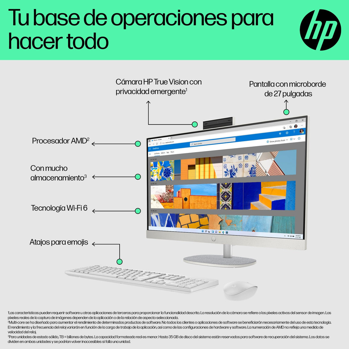 HP All-in-One 27-cr0007ss - Ordenador de sobremesa 27" Full HD con cámara, Teclado y ratón inalámbricos (AMD Ryzen 5 7520U, 16GB RAM, 512GB SSD, Windows 11 Home) Blanco