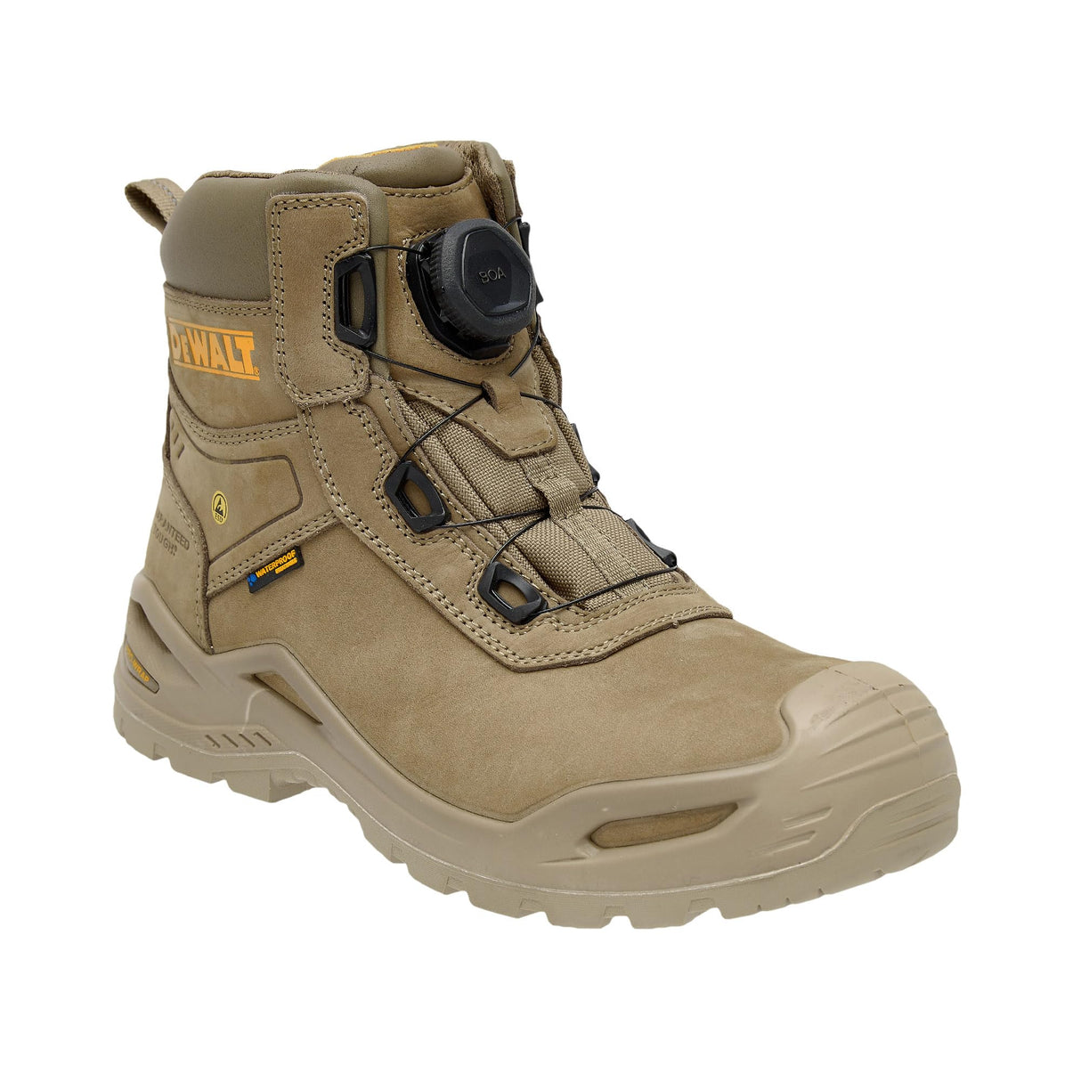 DEWALT Lander Botas de trabajo impermeables de piel nobuk para hombre, ajuste ancho, cierre BOA, puntera de seguridad no metálica, piedra, 44 EU