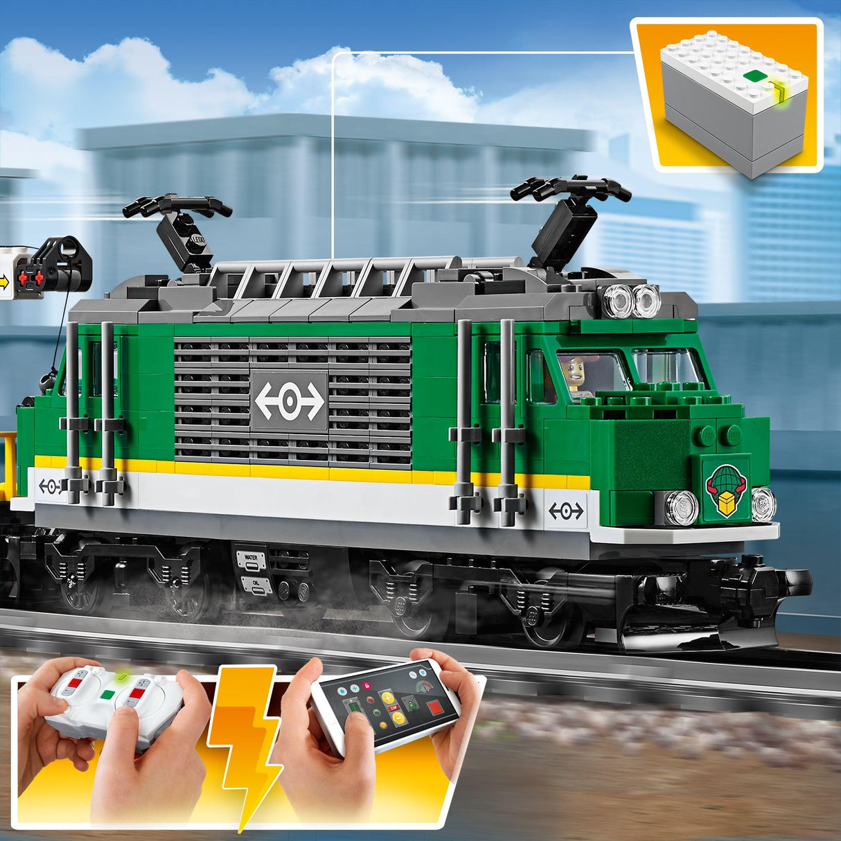 LEGO City Tren de Mercancías con Vehículo Teledirigido - Camión de Juguete, Carretilla Elevadora, 32 Piezas de Vía y & Minifiguras - Regalo para Niños y Niñas de 6+ Años 60198