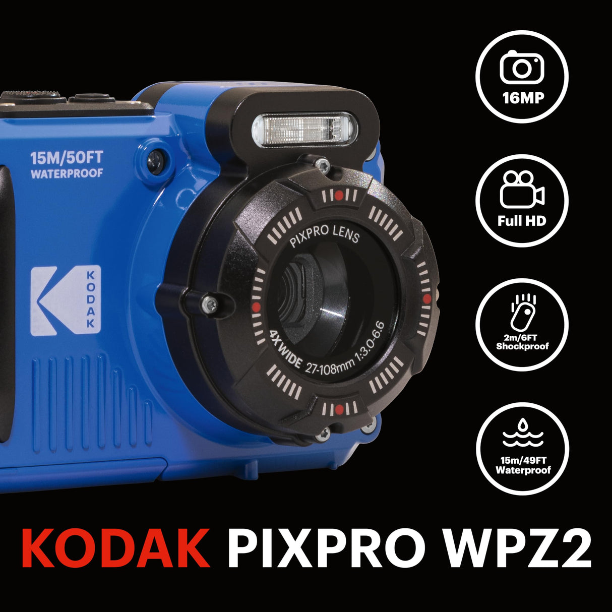 KODAK Pixpro WPZ2 - Cámara de Fotos Digital compacta, 16 mm, Impermeable y antigolpes, Color Amarillo