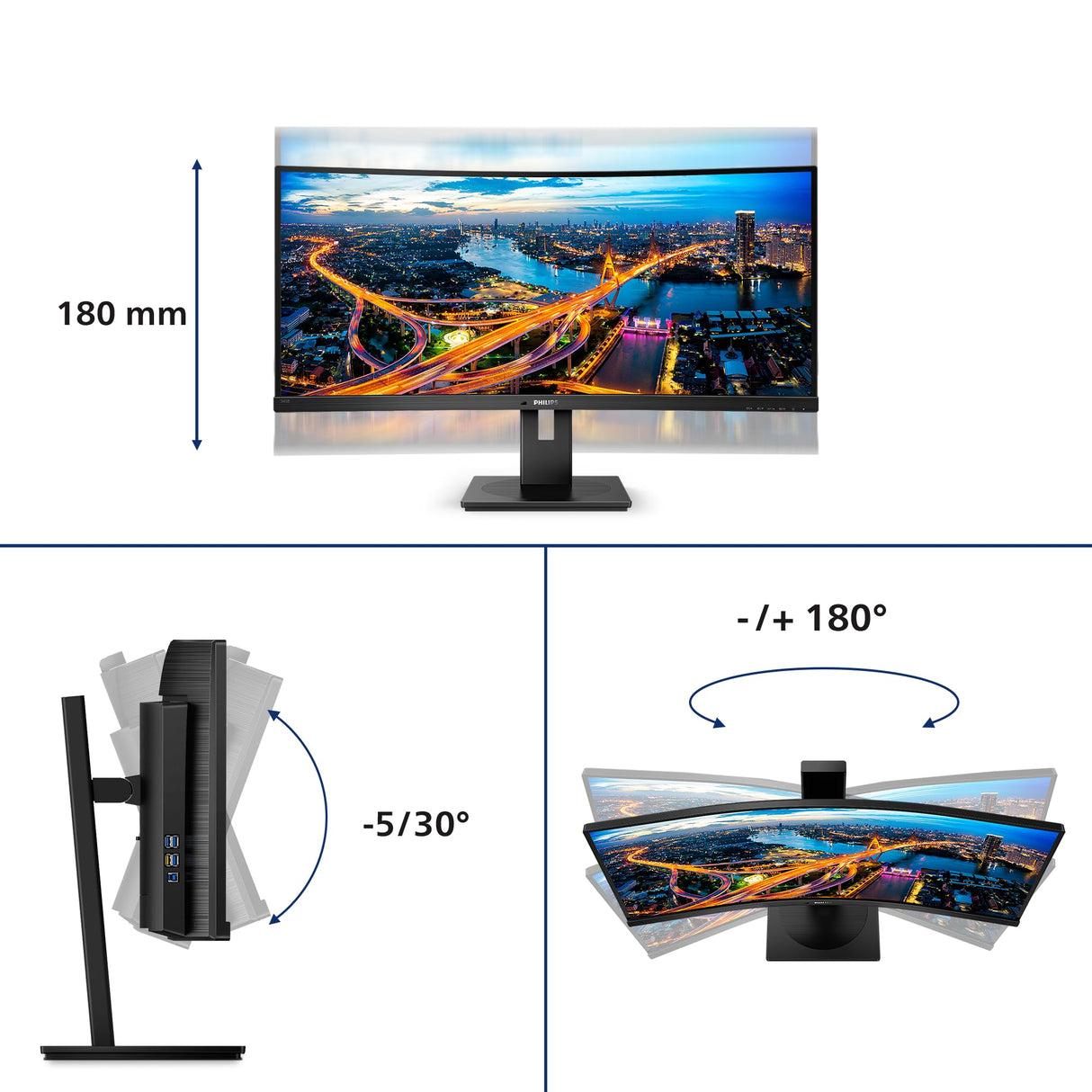 Philips 345B1C Monitor 34 Pulgadas UWQHD Curvo, 100Hz, VA, 5 ms GtG, Adaptive Sync., Altura Ajustable, Altavoces (3440x1440, 2X HDMI 2.0, 1x DP 1.2, USB-Hub), Negro