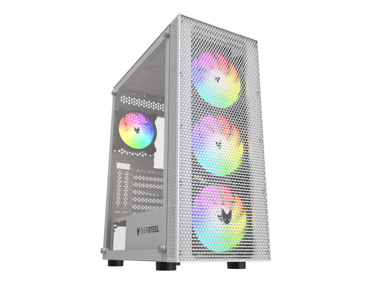 Oversteel - Azurite Caja Pc Gaming Compatible con Placas ATX, Micro ATX e ITX, 4 Ventiladores 120mm A-RGB Incluidos, Frontal Mallado, Instalación Vertical, Cristal Lateral Templado, USB 3.0, Blanco