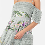 Maya Deluxe Vestido Largo para Mujer, Hombros Descubiertos, Tirantes Delgados, Bordado Floral, Volantes, Tul, Invitada de Boda, Lirio Verde, 38