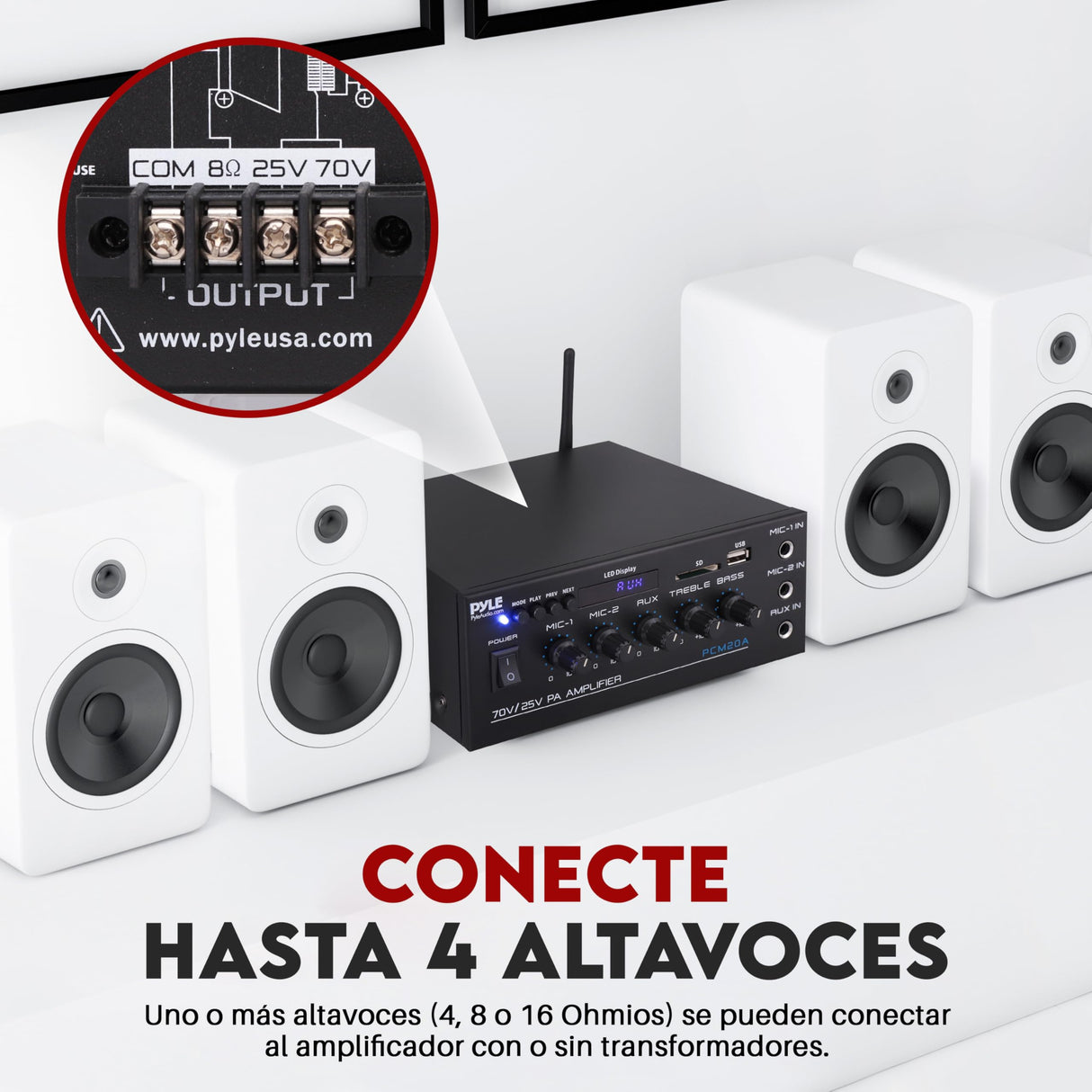 Pyle Sistema Amplificador de Potencia de Audio, Inalambrico, Estereo, Potencia Maxima de 200V, USB, SD, AUX, Entrada de microfono para Karaoke, Radio, Pantalla LCD, RCA