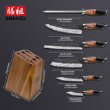 SHAN ZU Juego de Cuchillos de Cocina con Bloque, Set de Cuchillos Japonés Forjado a Mano, Acero 10Cr15MOV de 7 Capas, Bloque de Cuchillo con Afilador Profesional, Mango de Madera de Arce