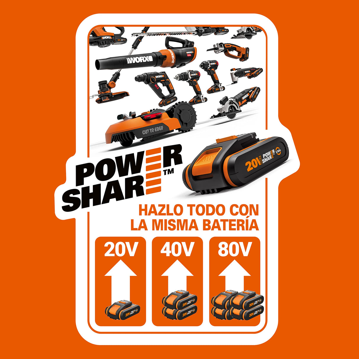 WORX Cortabordes a batería 40V Máx. (2x20V) | WG183E | Incluye 2 baterías 2Ah y Cargador Doble | Mango Ajustable | Doble Cabezal | Carrete de alimentación automática