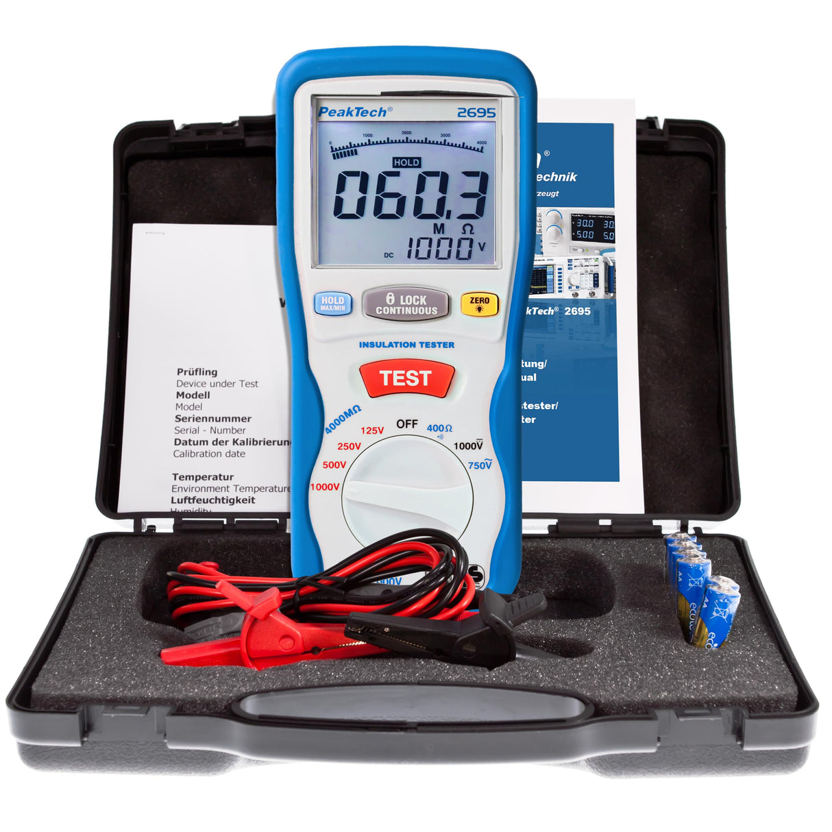 PeakTech 2695 – Probador de aislamiento, calibrado, probador de continuidad, voltímetro, circuitos, fusibles, mínimo/máximo, retención de datos, TUV/GS - 125V, 250V, 500V, 1000V