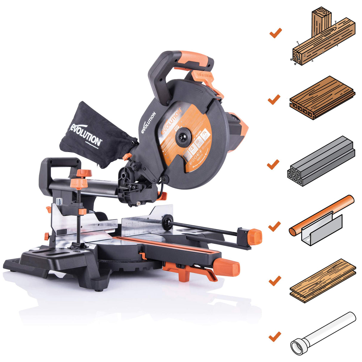 Evolution Power Tools R255SMS Sierra ingletadora Deslizante multimaterial, con Paquete Plus, Corta acero dulce, aluminio, plástico, madera con clavos incrustados 230 V, 255 mm