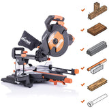Evolution Power Tools R255SMS Sierra ingletadora Deslizante multimaterial, con Paquete Plus, Corta acero dulce, aluminio, plástico, madera con clavos incrustados 230 V, 255 mm