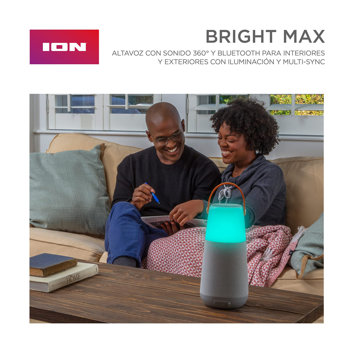 ION Audio Bright MAX - Altavoz Bluetooth portátil Impermeable, con iluminación, Sonidos atmosféricos a 360°, tecnología Multi-Sync y batería Recargable, Gray