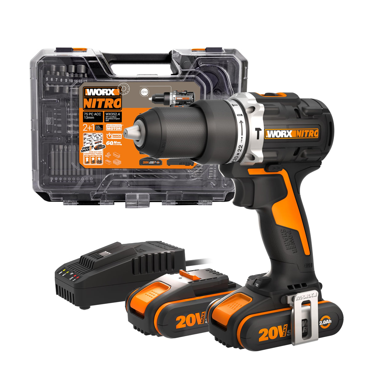 WORX NITRO 18V(20V MAX) Taladro de Percusión sin Cable WX352.4, PowerShare, Motor sin Escobillas, 60Nm, Control de Velocidad Variable, luz LED, 2.0Ah Baterías Recargables Suministradas