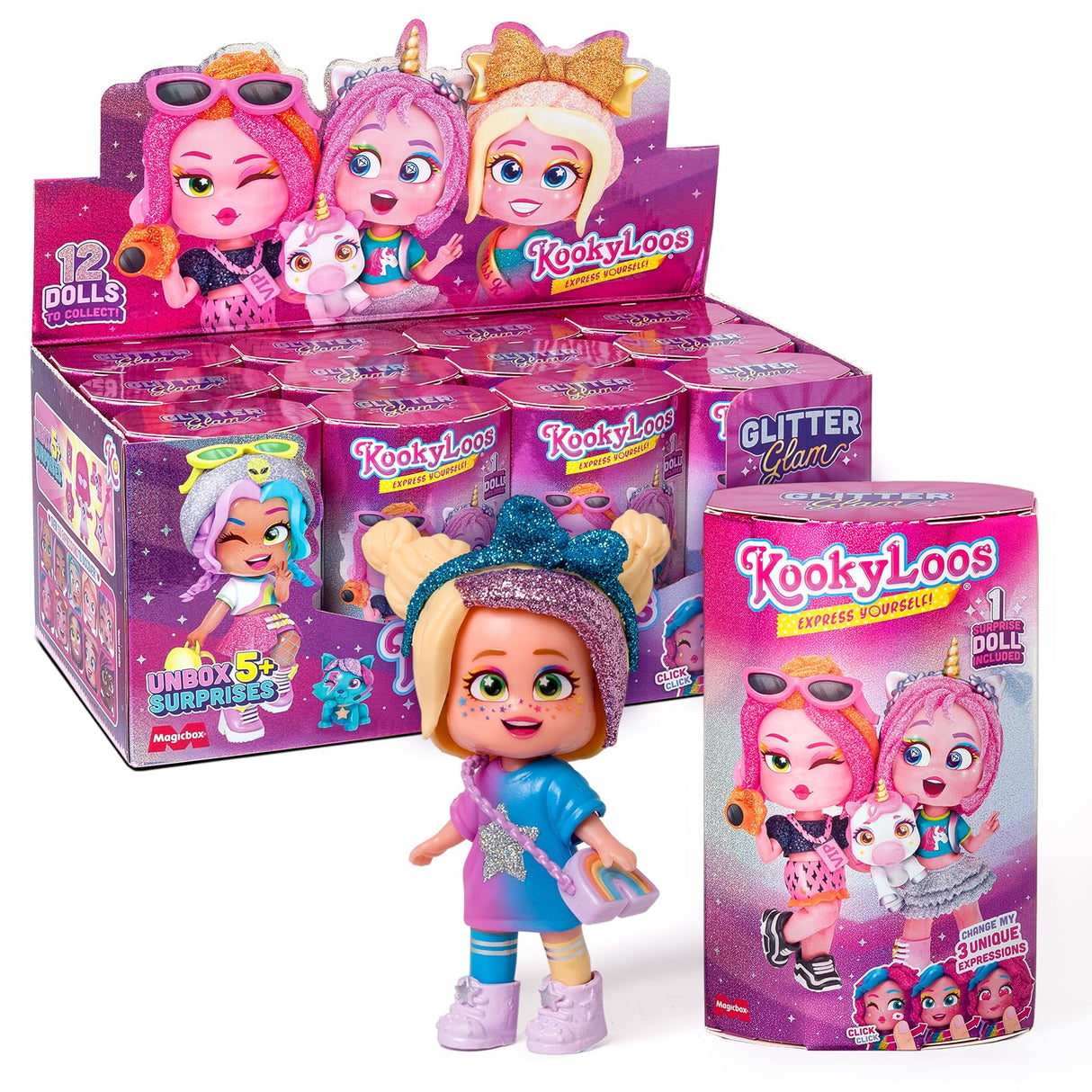 KOOKYLOOS Serie Glitter Glam – Colección completa de 12 KookyLoos. Muñeca sorpresa coleccionable con accesorios de moda, ropa, zapatos y juguetes con 3 expresiones divertidas. 12 muñecas incluídas