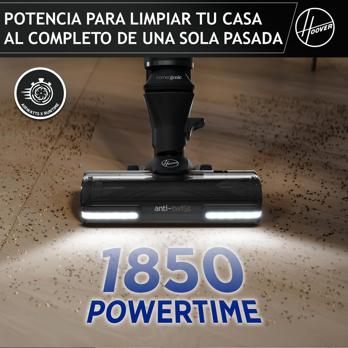 Hoover Aspiradora Escoba Sin Cable Potente con Corner Genie™ para Limpiar Todos los rincones, Accesorio para Mascotas, Cepillo Anti-Enredos, Luces LED, 2 Baterías [HFX]