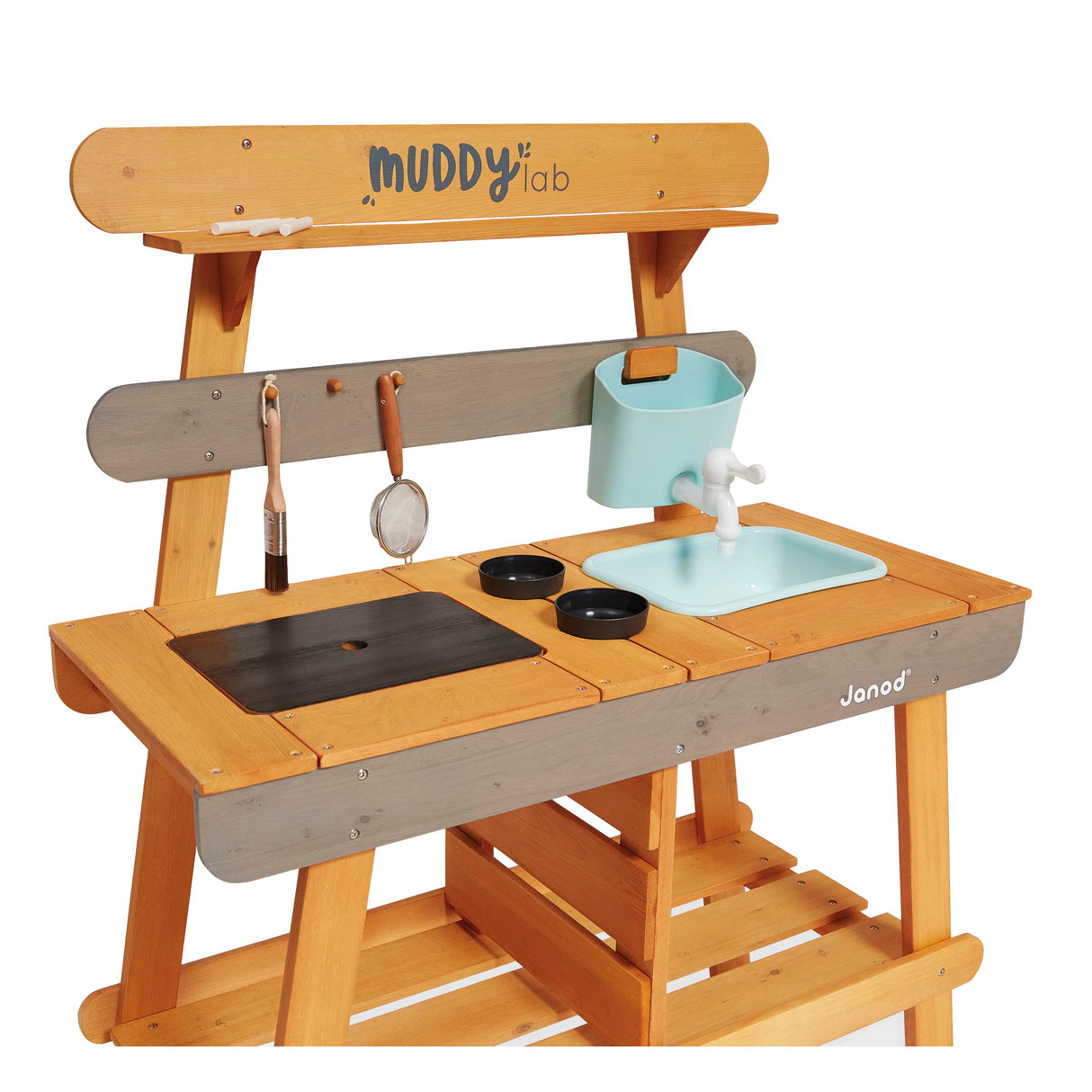 JANOD Muddy Lab-Cocina Infantil de Madera FSC-10 Accesorios-Juego de Imitación Exterior para Niños-A Partir de 3 Años, J06632, Color Azul Cielo/Gris, 77 x 35 x 95 (JURATOYS