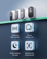 Arlo Essential 2 Camara Vigilancia WiFi Exterior + Panel Solar (3), HD, Camara Vigilancia WiFi Interior, Sensor de Movimiento, Alarmas Para Casa, Prueba Arlo Secure Incluida, 3 Cámaras, Blancas