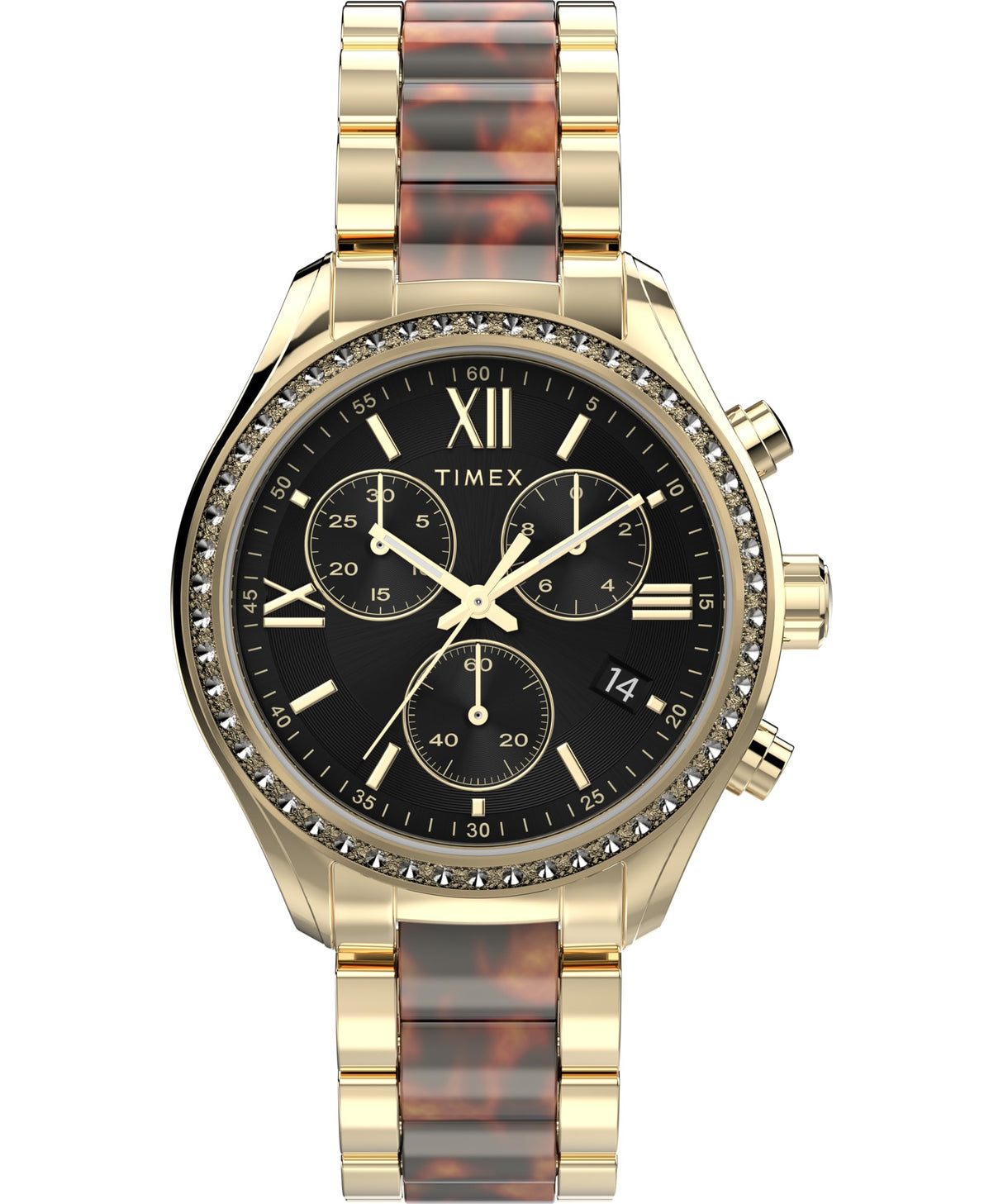 Timex Trend Reloj para Mujer, Pulsera de aleación Dorada, Esfera Negra, Caja Dorada, 38 mm, TW2Y28300