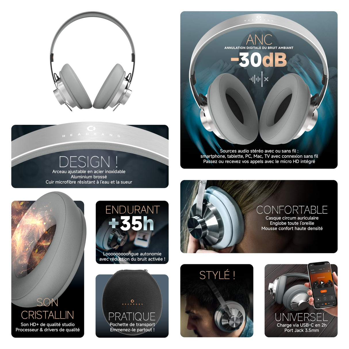 ECHO Head Band - Auriculares de Audio inalámbricos ANC, Color Gris Metal, reducción de Ruido Activa, diseño de Arco, Calidad de Sonido Premium