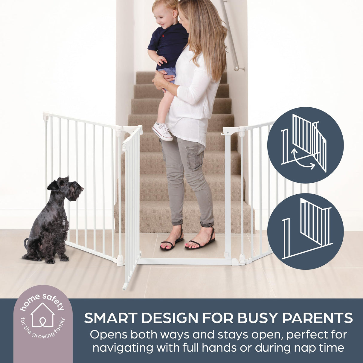 Dreambaby Discovery Flex Configure Adapta - Puerta de Seguridad Plegable para niños de 3 Paneles, se Adapta a Aberturas de 74,5 cm a 195 cm de Ancho y 74 cm de Alto, con función Smart Stay Open y