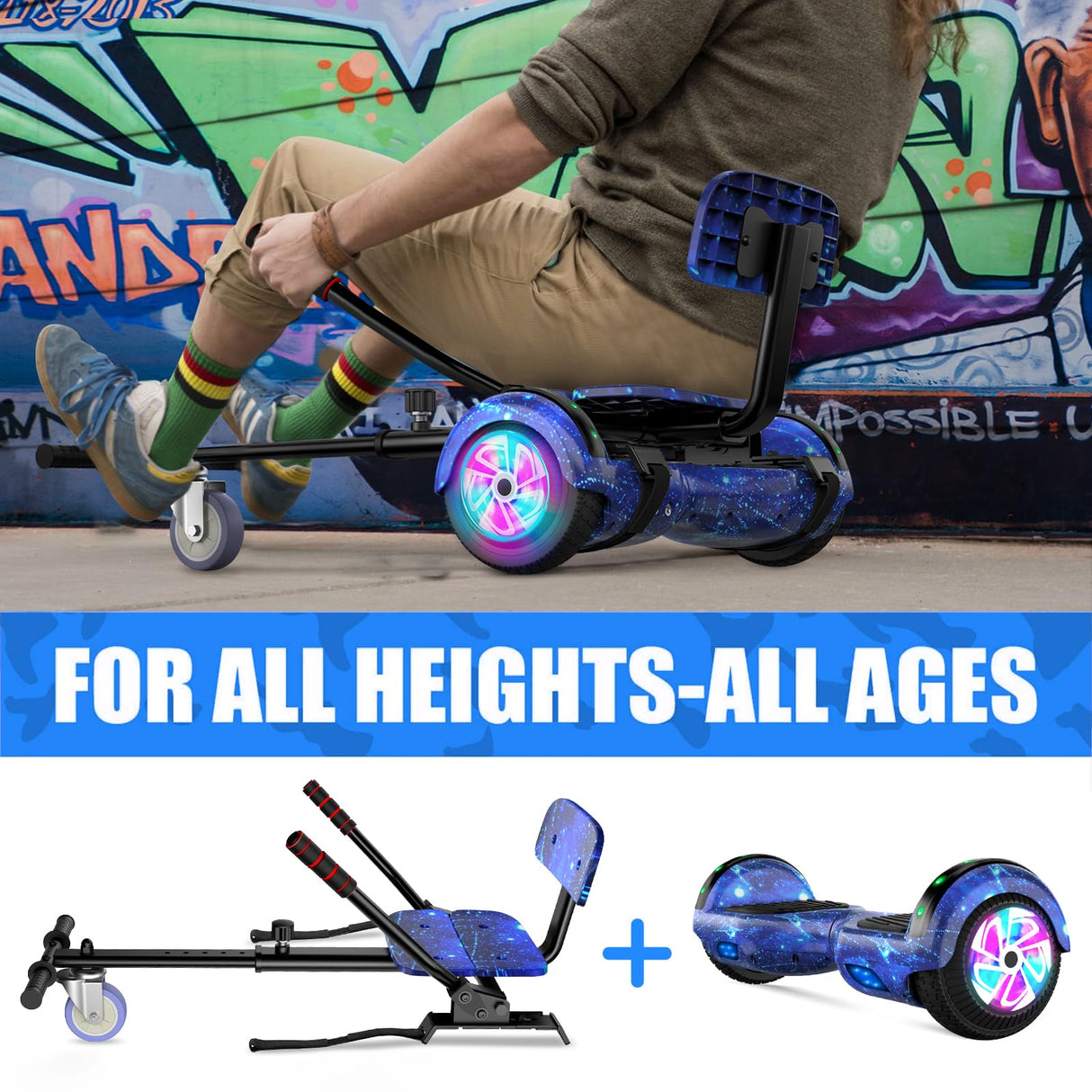 SISIGAD Hoverboard 6.5 inch with Hoverkart for children, self-balancing Eclectic Scooter easy to control, non-slip, LED lights, Bluetooth speaker