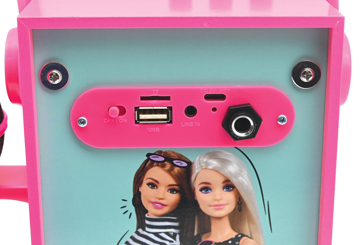 LEXIBOOK, Barbie, Altavoz Luminoso Bluetooth portátil con micrófono, Karaoke, Efectos de luz, inalámbrico, USB, Tarjeta SD, batería Recargable, Rosa, BTP180BBZ