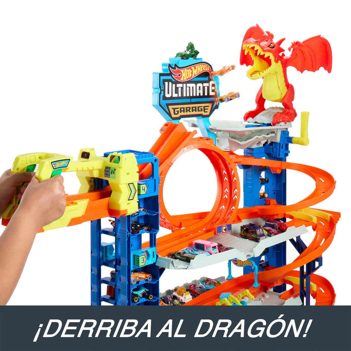 Hot Wheels City “Let's Race - ¡a Correr!” Netflix - Garaje definitivo Pista para Coches de Juguete con dragón y 4 Niveles, Incluye 2 vehículos, +4 años (Mattel HKX48)