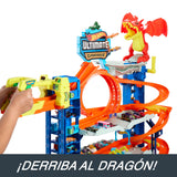 Hot Wheels City “Let's Race - ¡a Correr!” Netflix - Garaje definitivo Pista para Coches de Juguete con dragón y 4 Niveles, Incluye 2 vehículos, +4 años (Mattel HKX48)