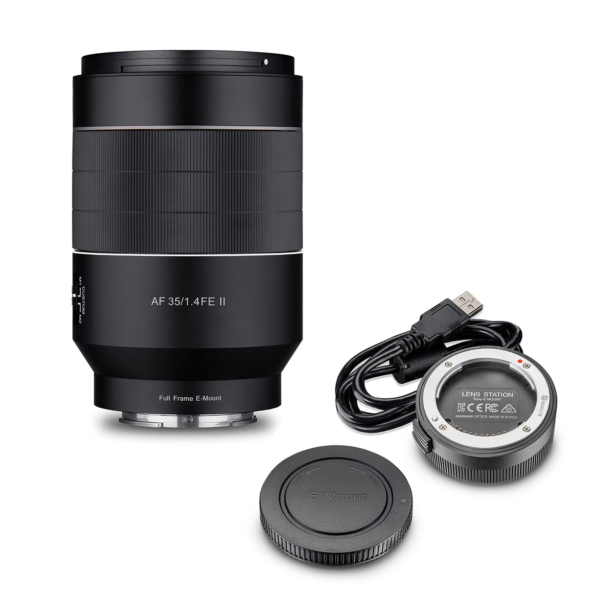 Samyang AF 35 mm F1,4 II FE para Sony E + Samyang Lens Station – Enfoque automático de Formato Completo y Objetivo Gran Angular APS-C de Distancia Focal Fija sin Espejo Sony E Mount Cámaras + Base de