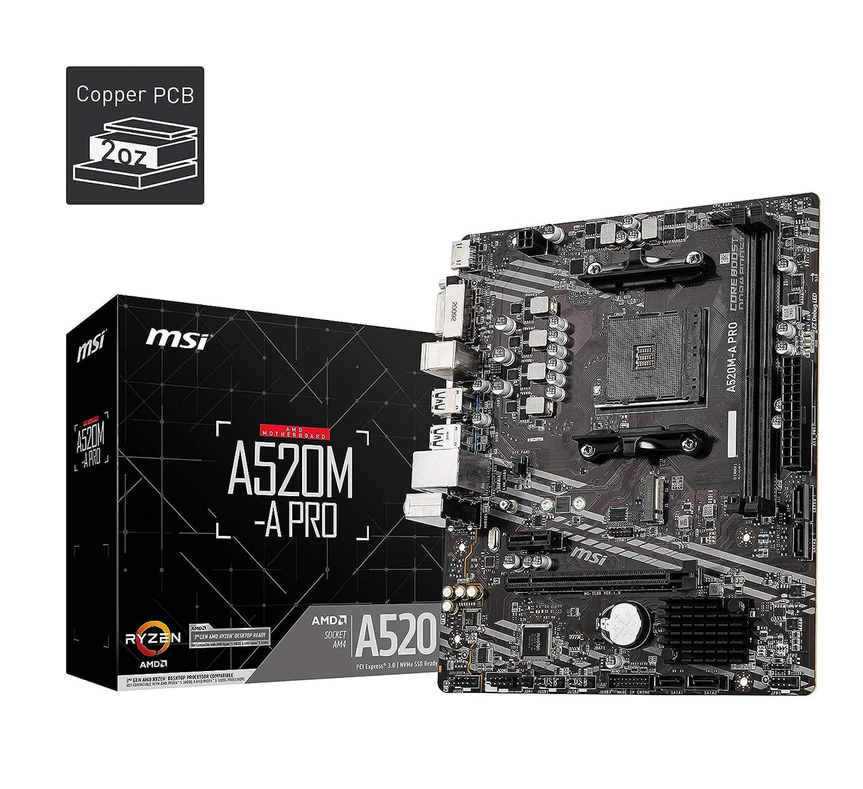 MSI Placa Base para Juegos A520M-A Pro (AMD Ryzen 5000, AM4, DDR4, PCIe 3.0, SATA 6Gb/s, M.2, USB 3.2 Gen 1, DVI/HDMI, Micro-ATX)