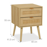 Relaxdays Mesita de Noche, Cajones, Set de 2, Estilo Ratán, Mesilla Dormitorio Efecto Madera, 55 x 40 x 41,5 cm, Natural, Tablero de Fibras, Aluminio, 2 Unidades