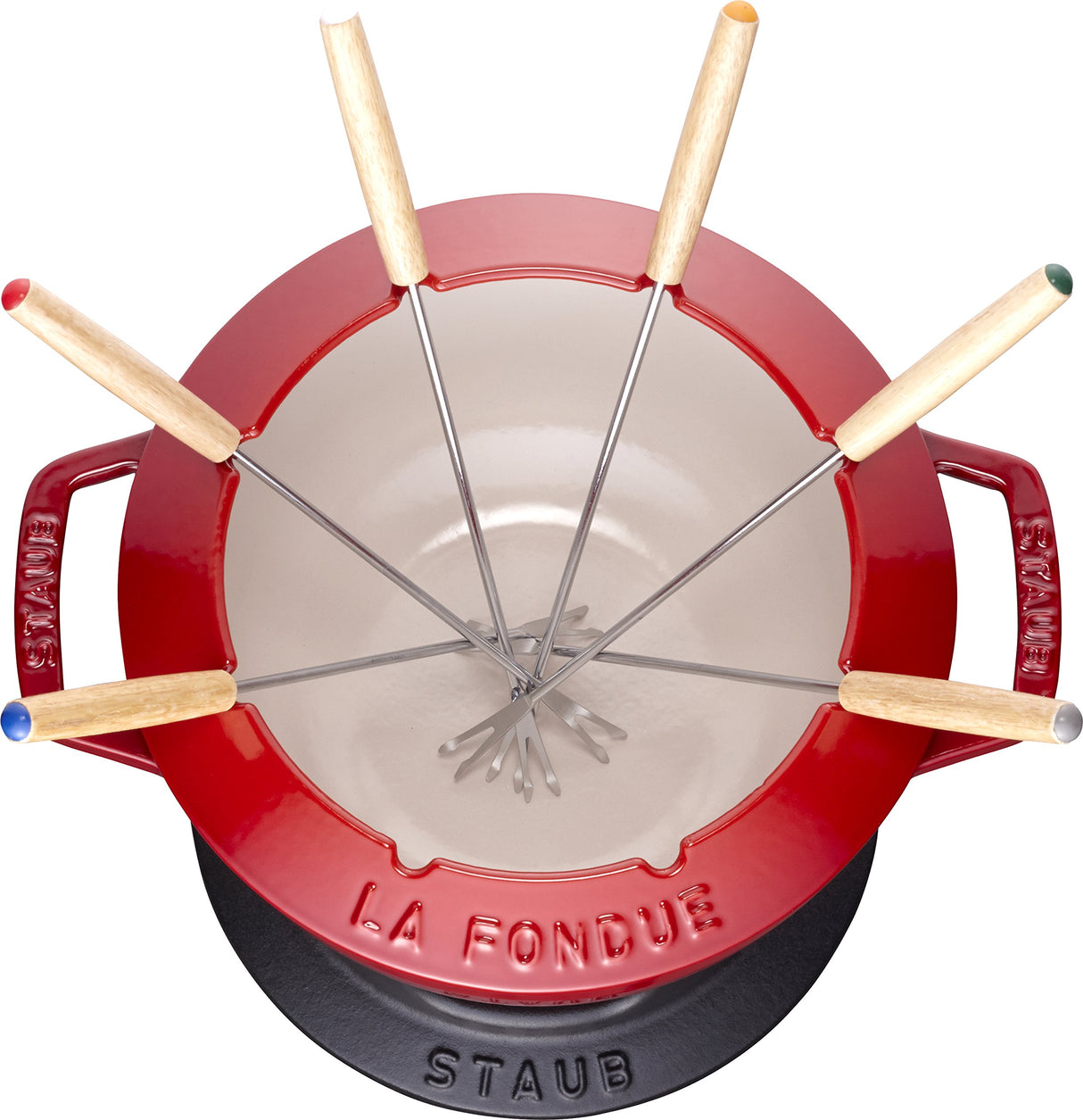 STAUB Juego de fondue con 6 tenedores, para fondue de queso, chocolate y carne, Hierro fundido, Rojo cereza, 18 cm