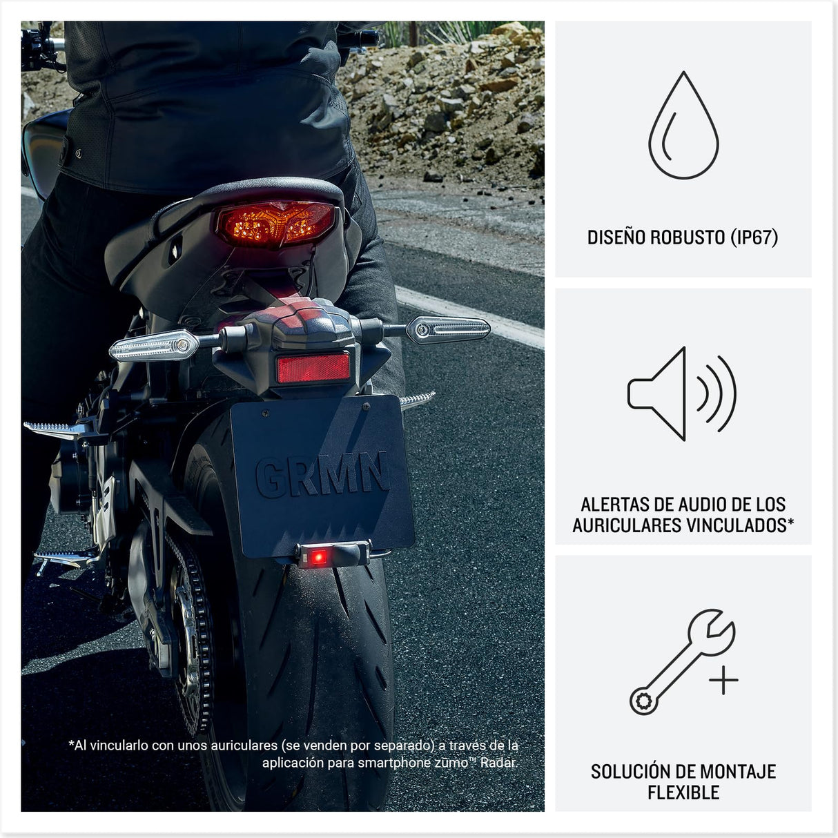 Garmin zūmo R1, Radar de visión Trasera y Visibilidad de ángulo Muerto para Motocicletas, Discreto, con Luces externas y alertas sonoras, emparejable con zūmo XT2 o Smartphone Compatible.