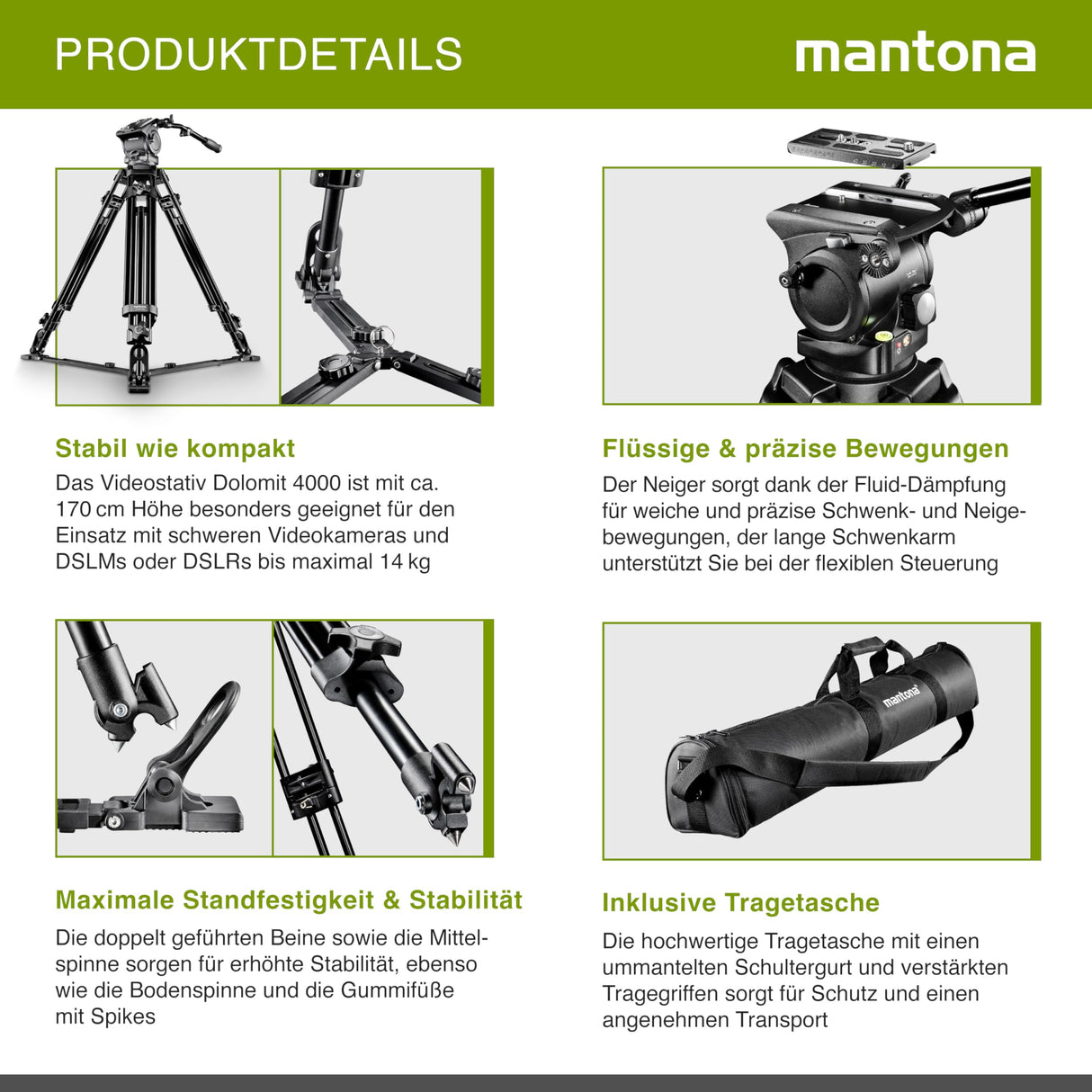 Mantona Dolomit 4000 - Trípode para videocámara (170 cm) (18646)