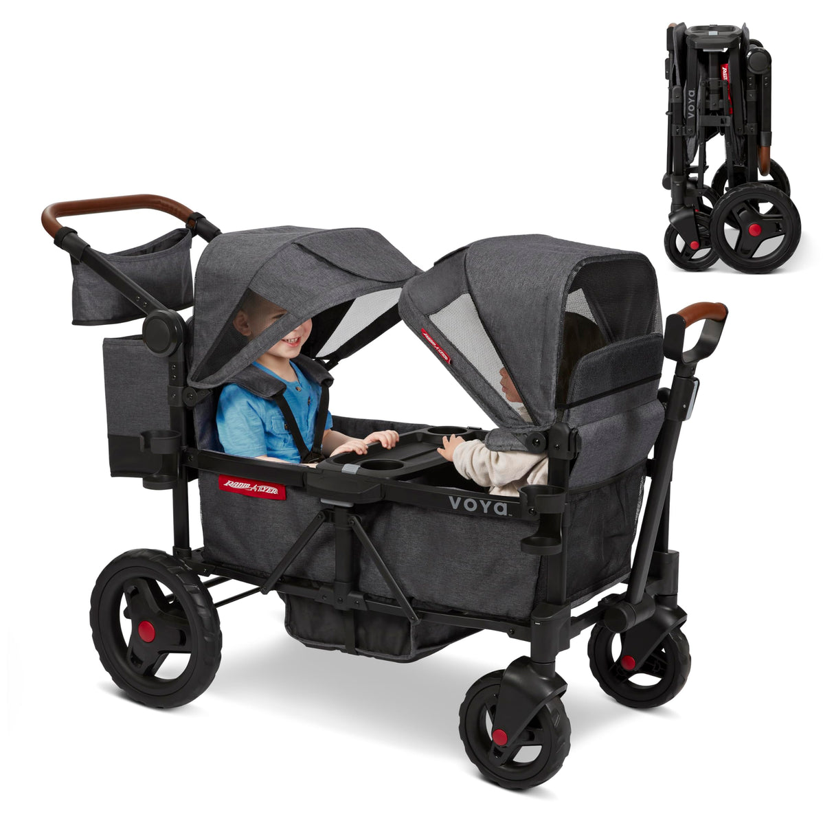 Radio Flyer Voya Stroller Wagon, Cochecito Doble, 2 Asientos Altos Cara a Cara, toldo Ajustable con protección UV, Bandeja para Aperitivos, Gris