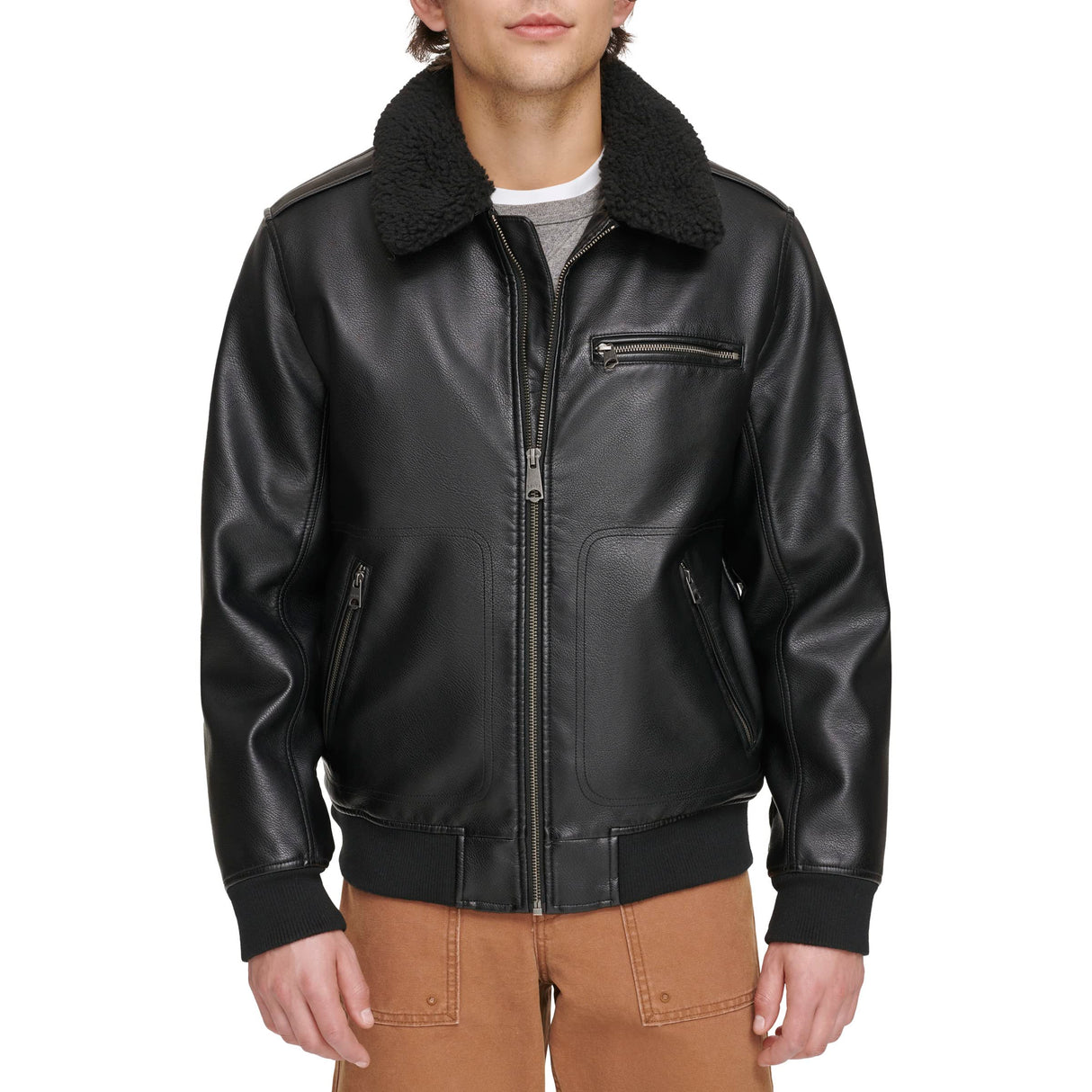 Levi's Men's Faux Leather Aviator Bomber Jacket with Sherpa Collar Chaqueta, Negro, M para Hombre