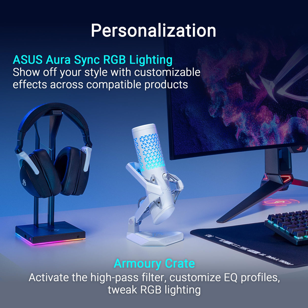 ASUS ROG Carnyx Micrófono USB Gaming (cápsula de Condensador de 25 mm, 192 kHz/24 bits, cardioide, Filtro de Paso Alto, Filtro antipop, Soporte metálico antichoque, Aura Sync RGB), Blanco Lunar