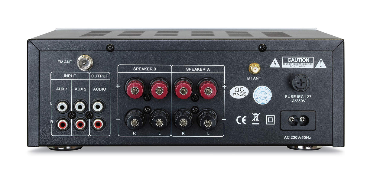 Dynavox VT-80 MK Amplificador estéreo Compacto, 4 terminales de Altavoz atornillables, Control Remoto para entradas Digitales (USB, Tarjeta SD), Antena BT integrada y Radio FM, Plateado