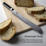 KAI Shun Classic Cuchillo japonés para pan con hoja de 23 cm - Cuchillo de Damasco de 32 capas con núcleo VG MAX - 61 (±1) HRC - Mango de madera de Pakka - Cuchillo de pan con filo ondulado forjado