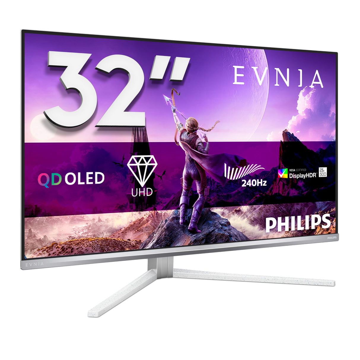 Philips Evnia 32M2N8900P Gaming Monitor 32 Pulgadas 240Hz Panel QD-OLED, 0.03msGtG, HDR500 TB, Adaptive Sync, G-Sync Comp. Altavoces, Altura Ajustable (3840x2160 HDMI 2x 2.1 DP1x 2.1 USB Hub) Plateado