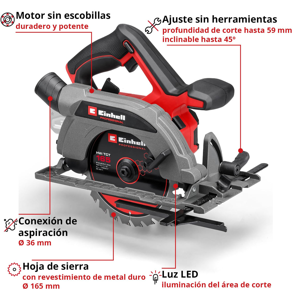 Einhell Professional Sierra circular de mano con batería TP-CS 18/165 Li BL-Solo Power X-Change (18 V, sin escobillas, Ø 165 mm, ajuste de ángulo de corte sin herramientas, sin batería)