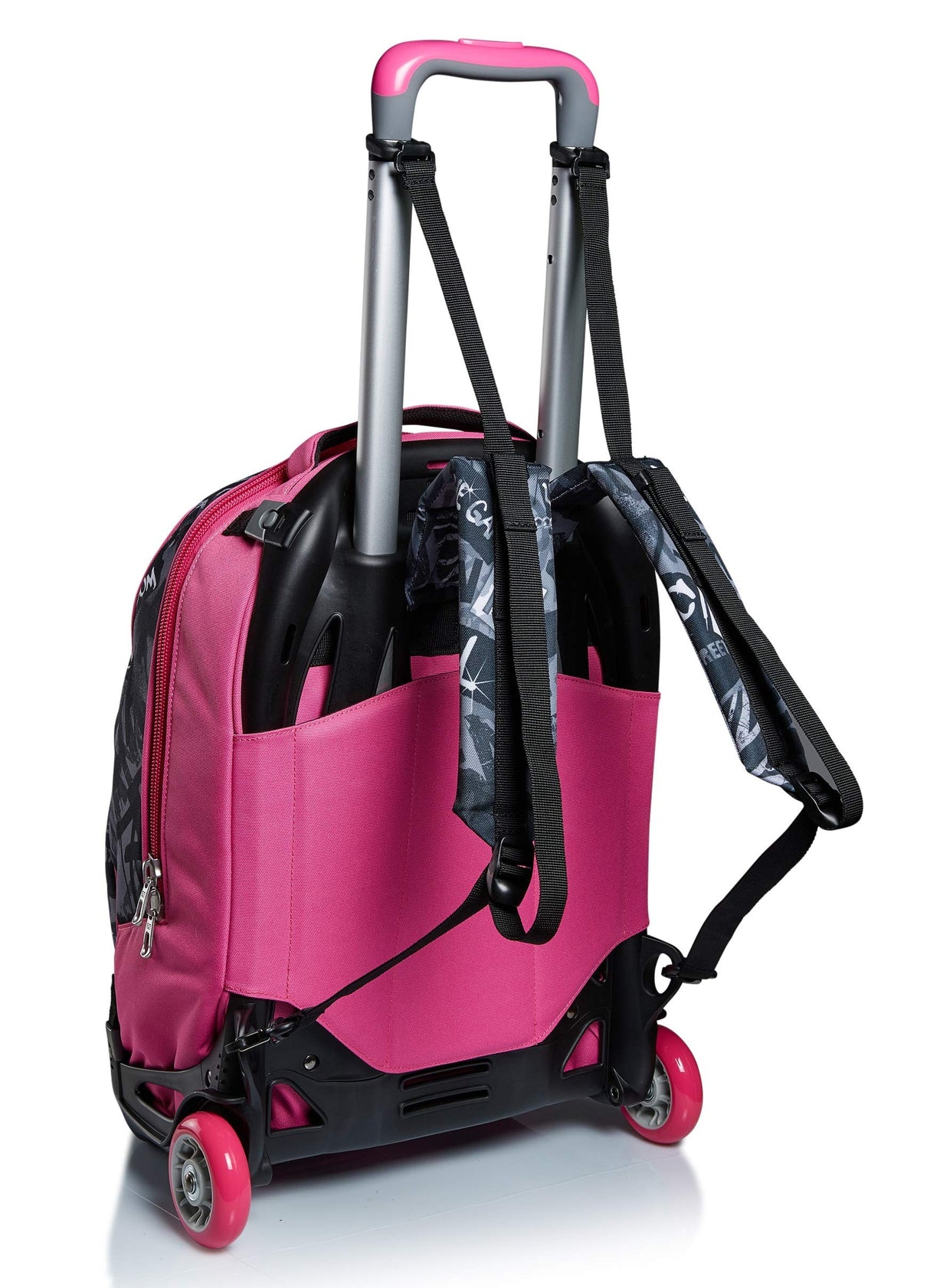 NEW TECH KEEP FLAG - Mochila Escolar 3 en 1 Desmontable + Carro, Trolley Rosa y Negro - Sistema Salva Tirantes